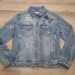 Forever 21 Embroidered Light Blue Denim Jacket